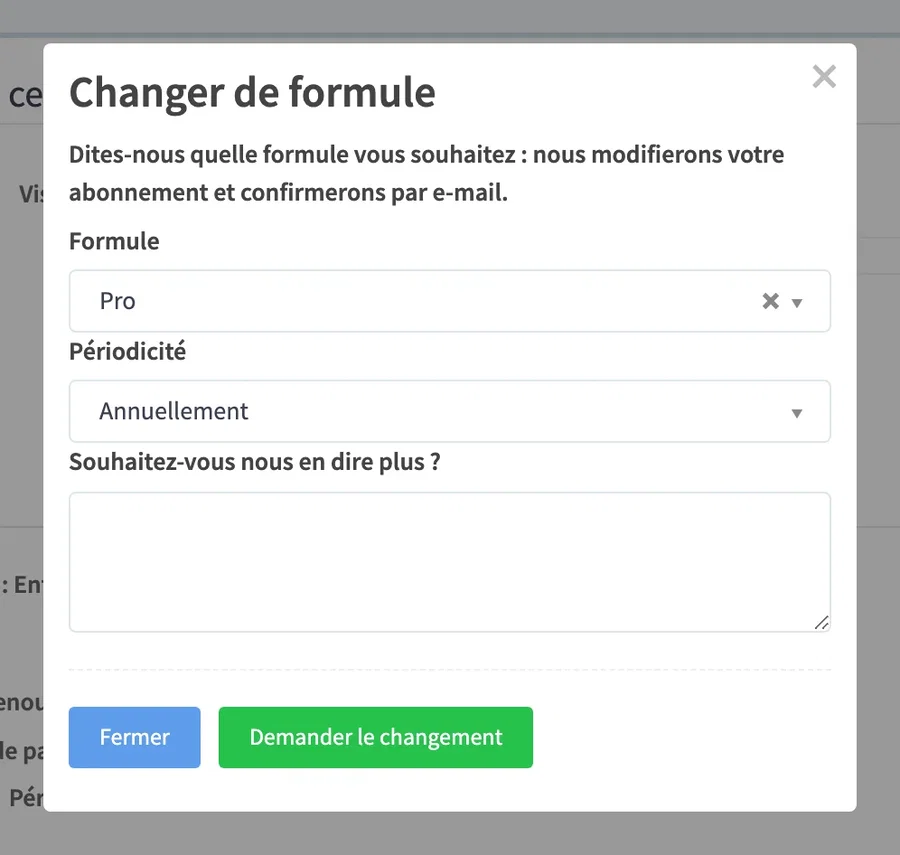 la fenêtre de changement de formule
