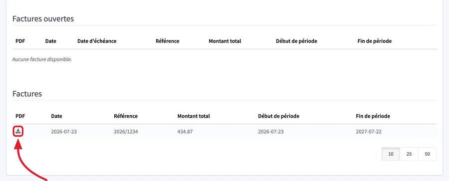 les tableaux de factures avec l&rsquo;icône de téléchargement