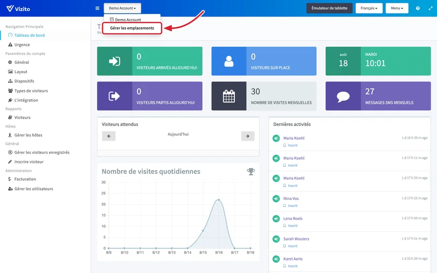menu déroulant de gestion des emplacements
