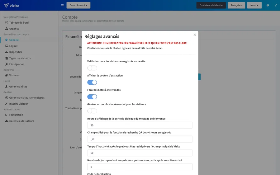 réglages avancés du compte