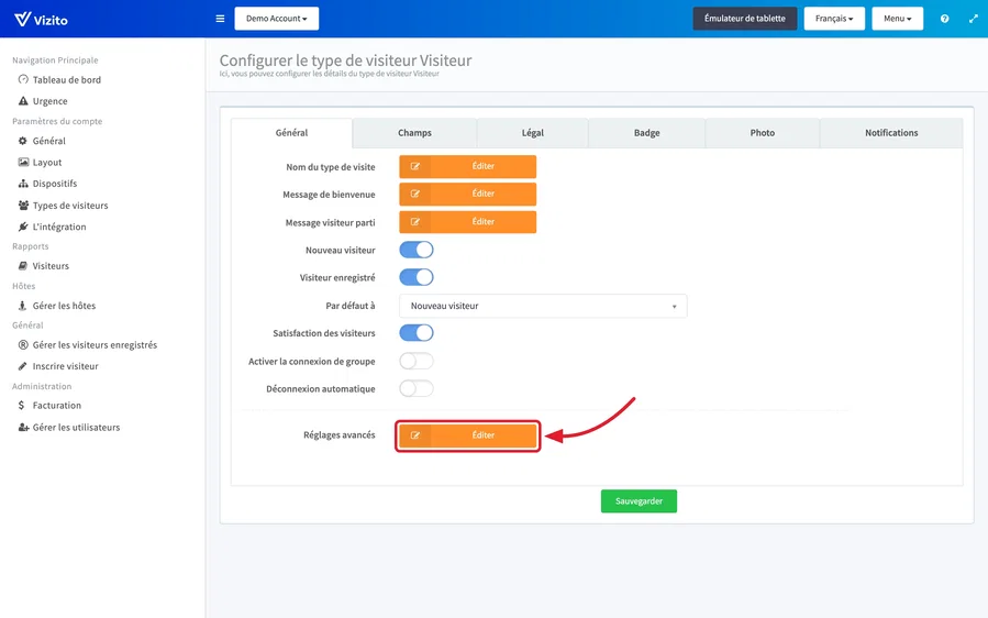 modifier les réglages avancés du type de visiteur