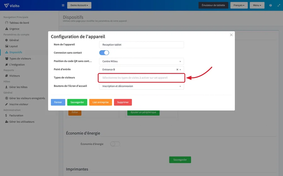 le champ Types de visiteurs dans la Configuration de l’appareil