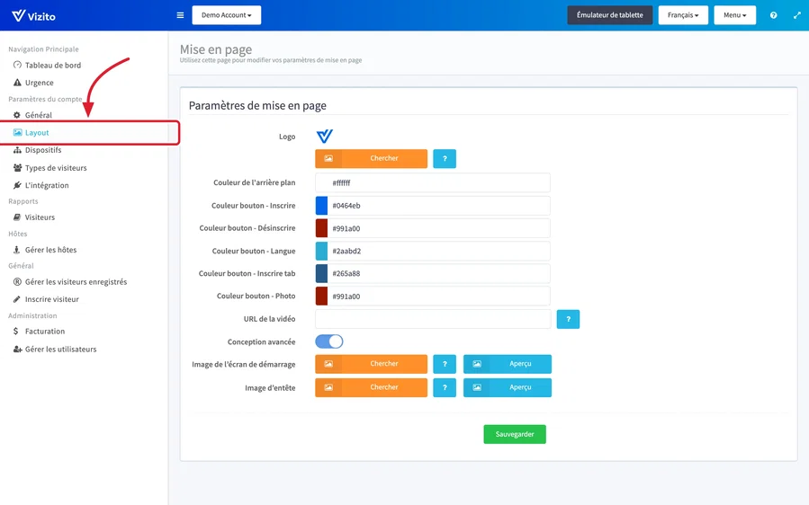 Configuration de la mise en page Vizito