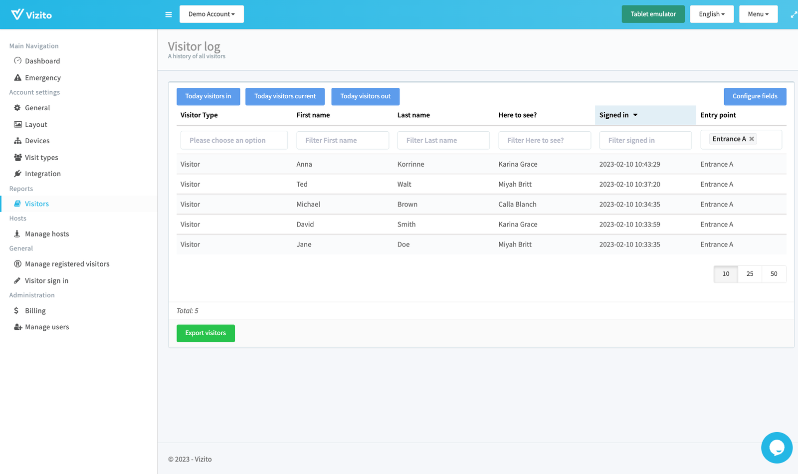 visitor log filter list