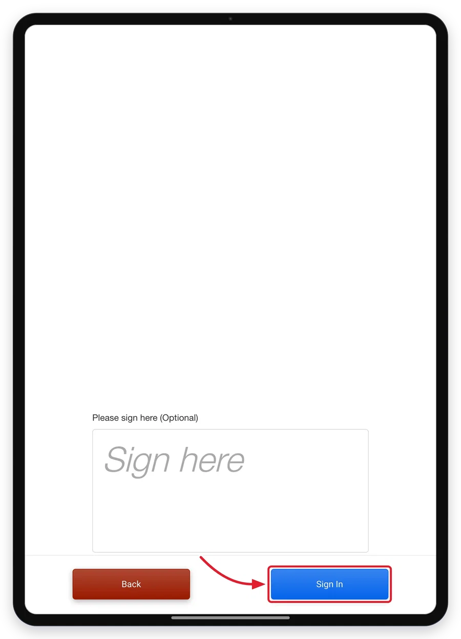 The signature screen on the tablet