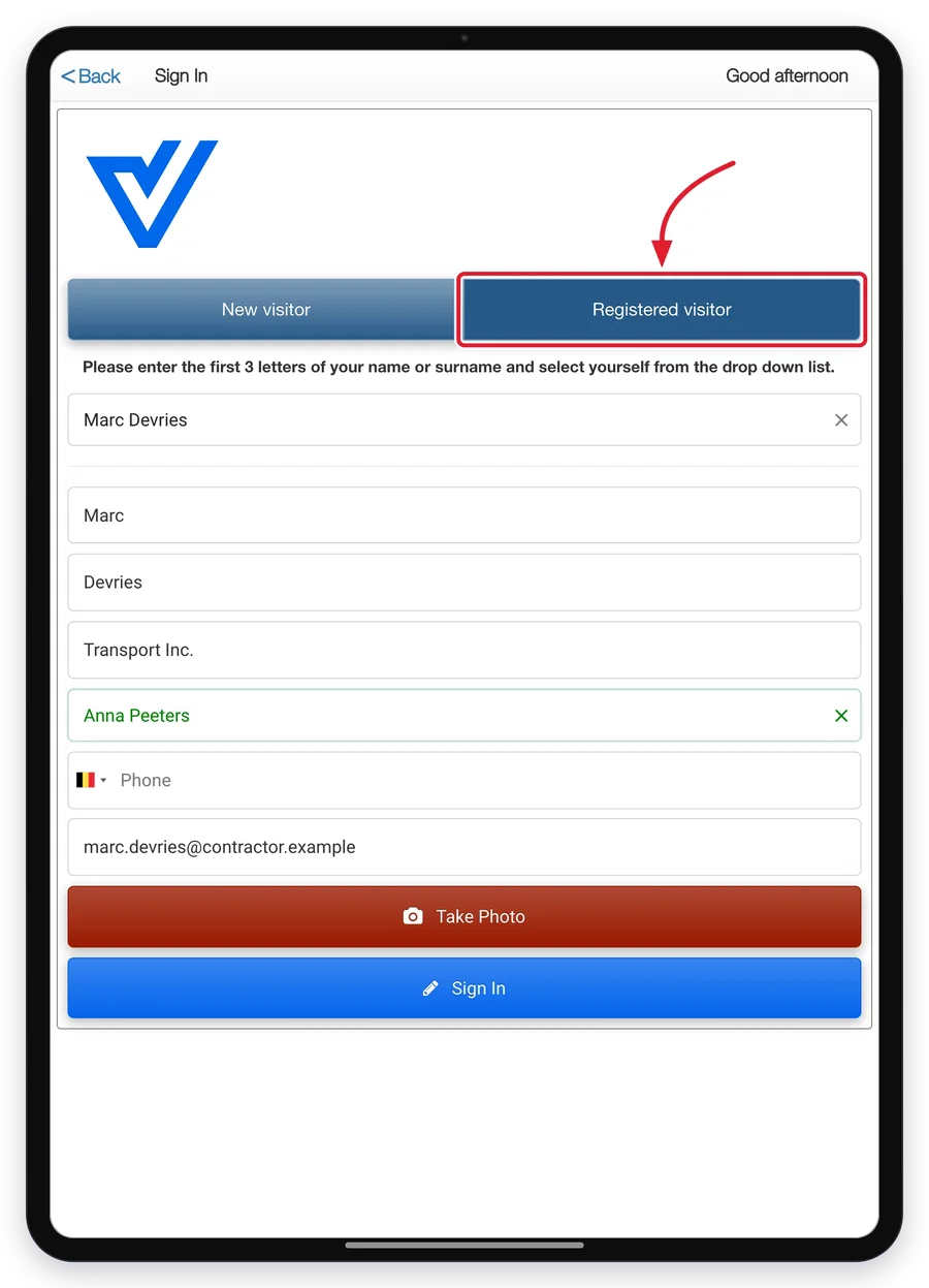 Selecting a registered visitor on the tablet