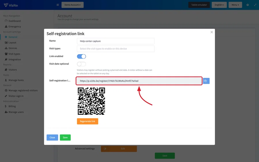 the self-registration link window