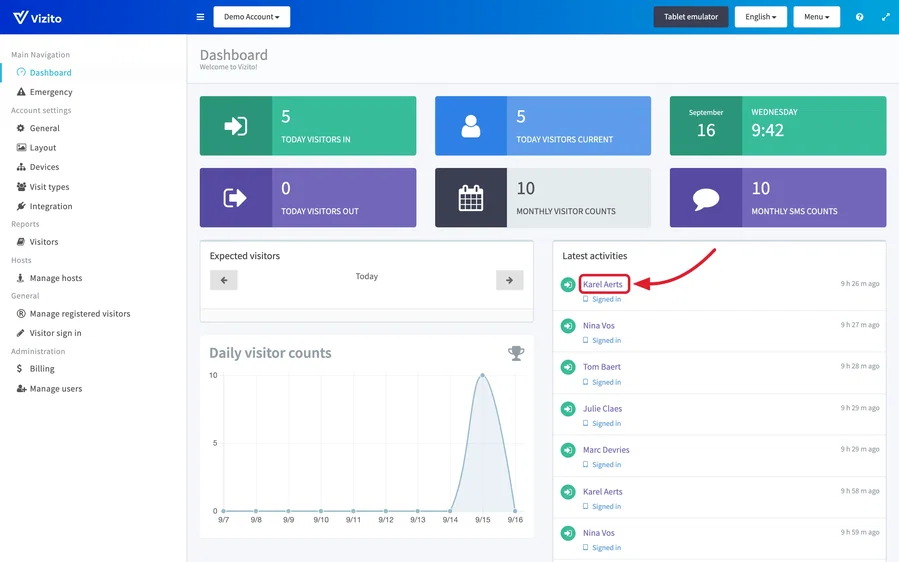 the Latest activities panel on the dashboard