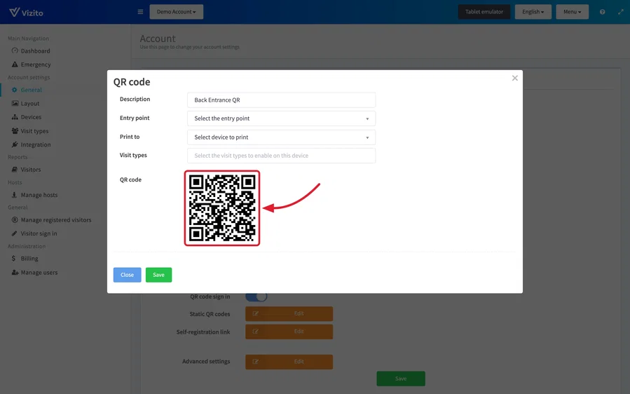 the QR code window showing the generated code