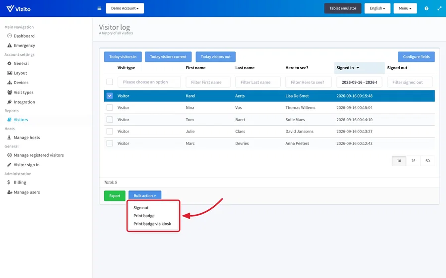 the Bulk action menu