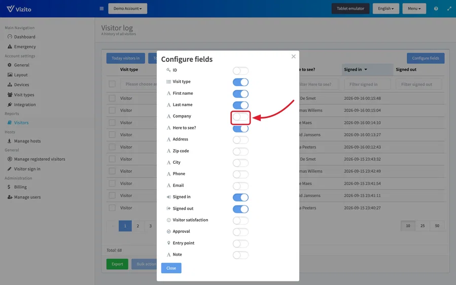 the Configure fields window