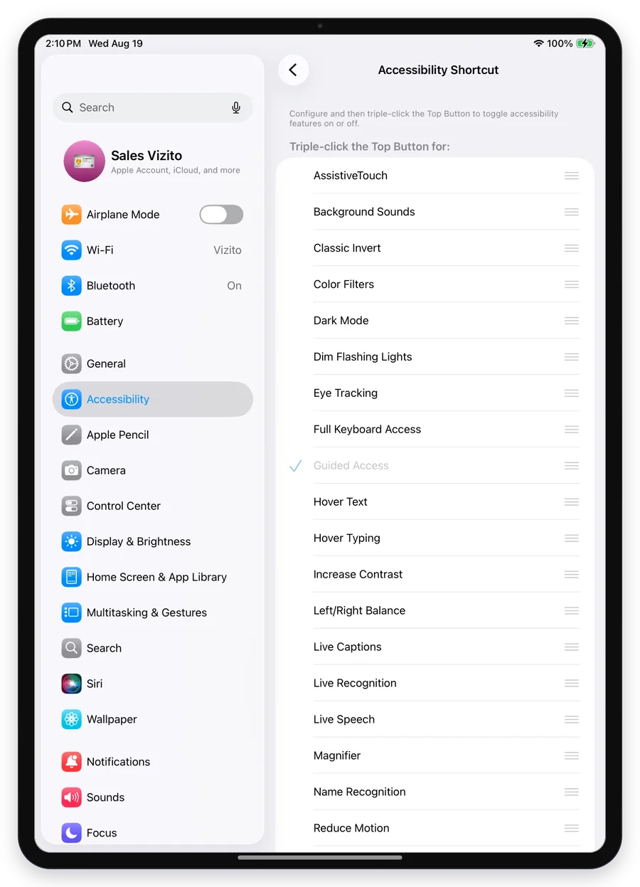 Accessibility Shortcut set to Guided Access