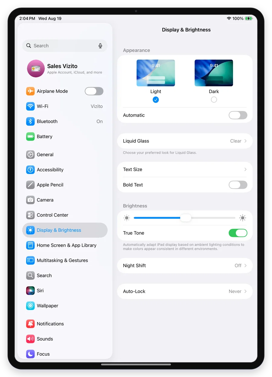 Auto-Lock set to Never in Display and Brightness