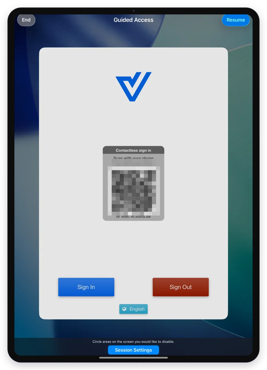 The Guided Access overlay above the Vizito kiosk
