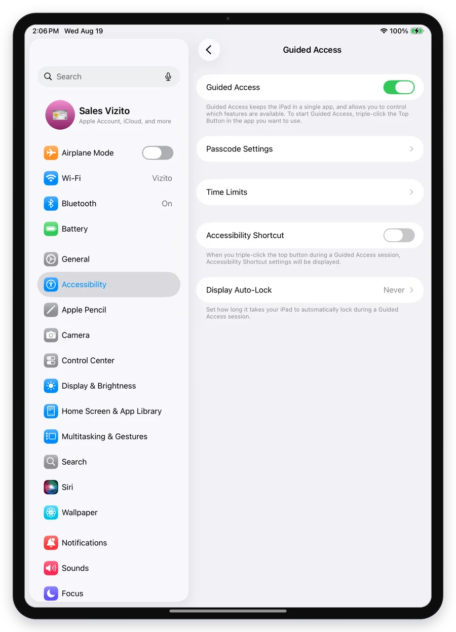Guided Access switched on with Display Auto-Lock set to Never
