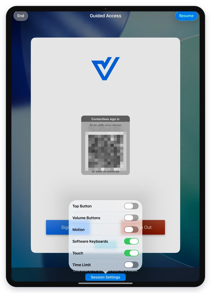 Session Settings with Top Button, Volume Buttons and Motion switched off