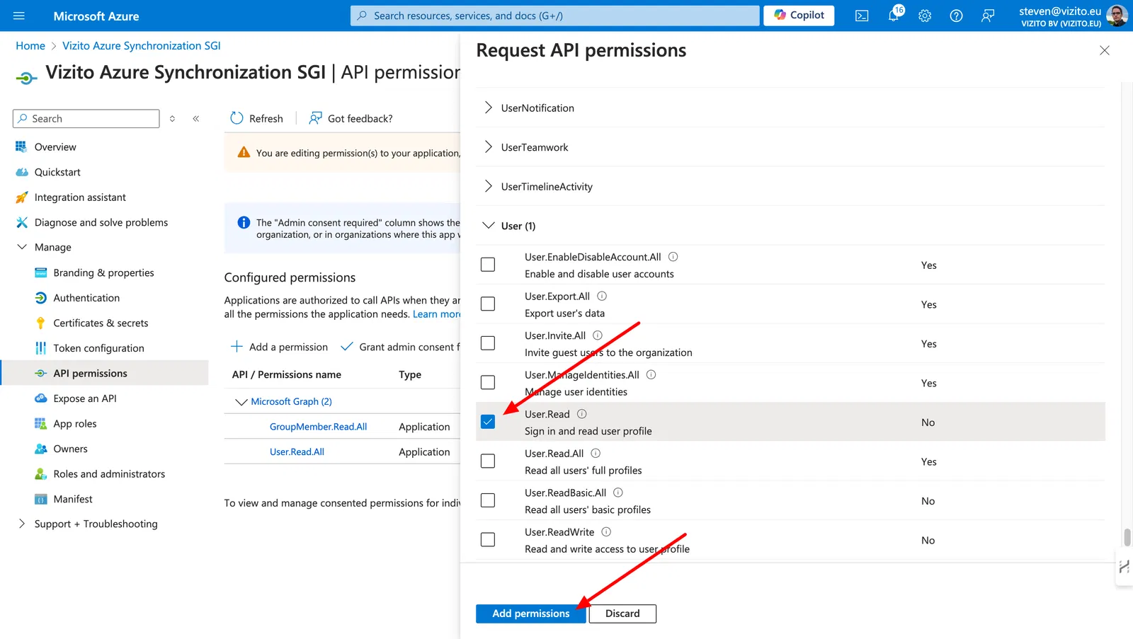 Delegated permission user.read