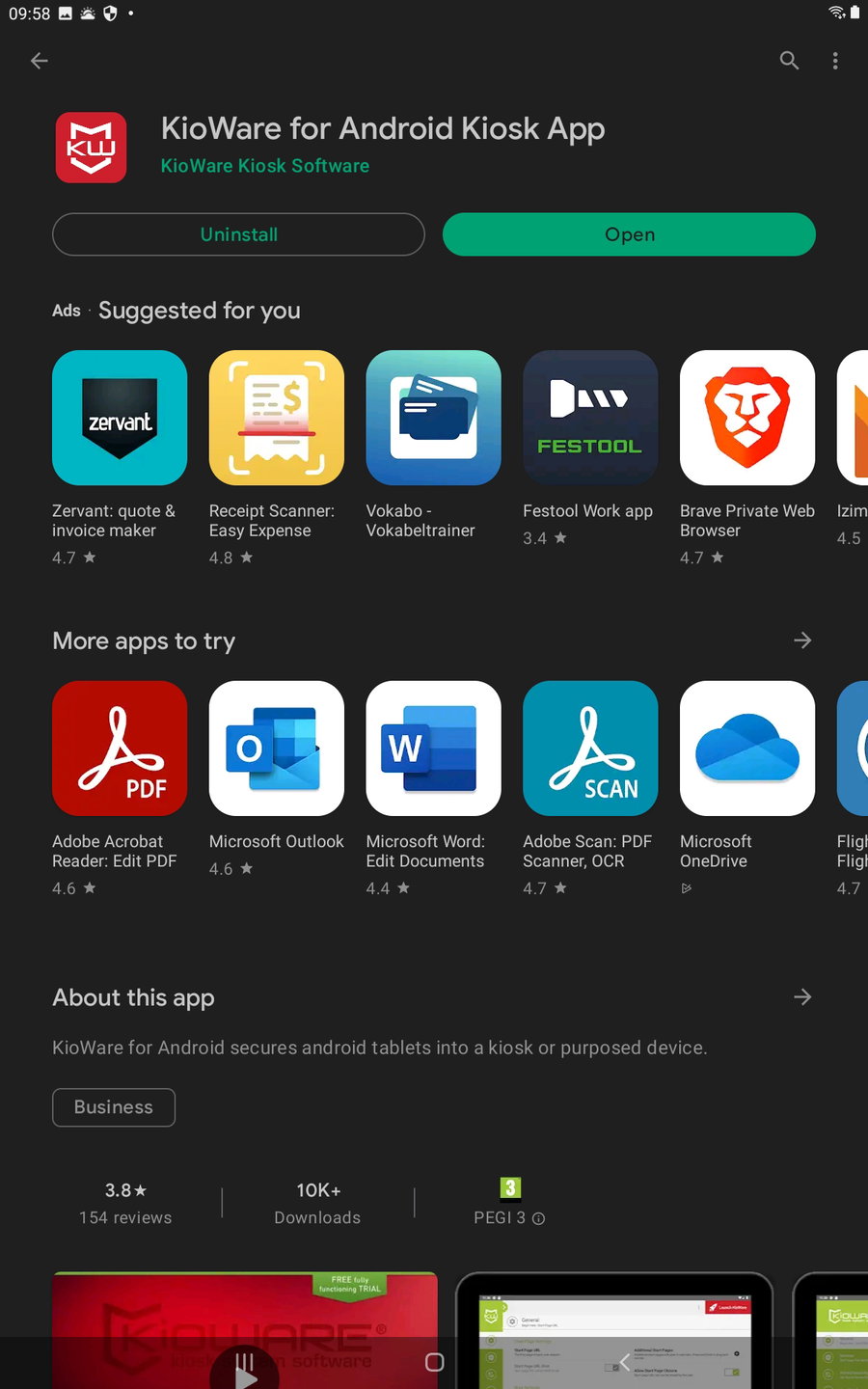 Android tablet play store kioware app installed