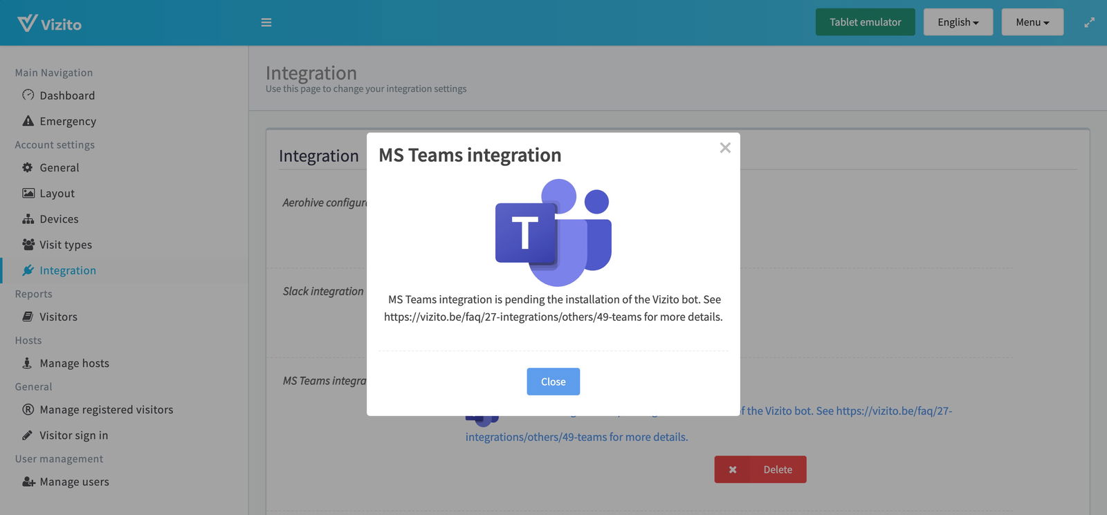 Vizito integration teams office 365 popup