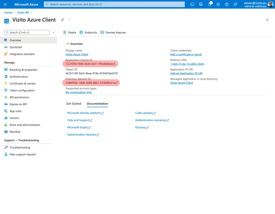 Vizito integration Azure Active Directory Application ID