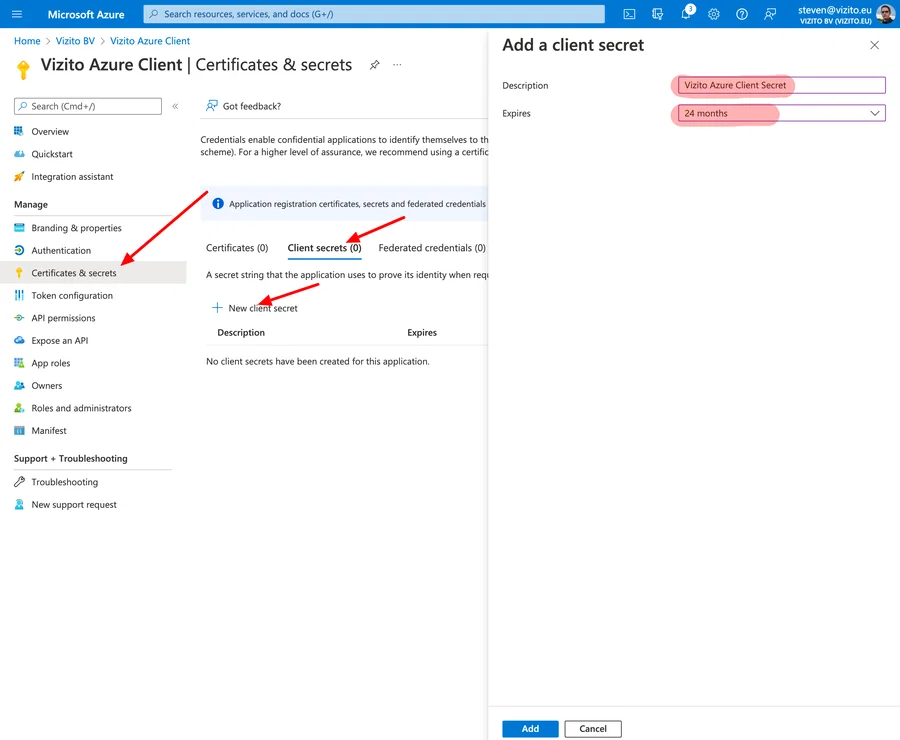 Vizito integration Azure Active Directory client Secret