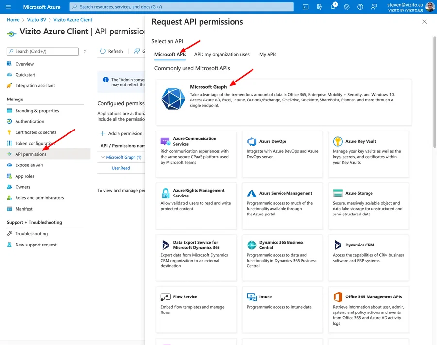 Vizito integration Azure Active Directory API permissions