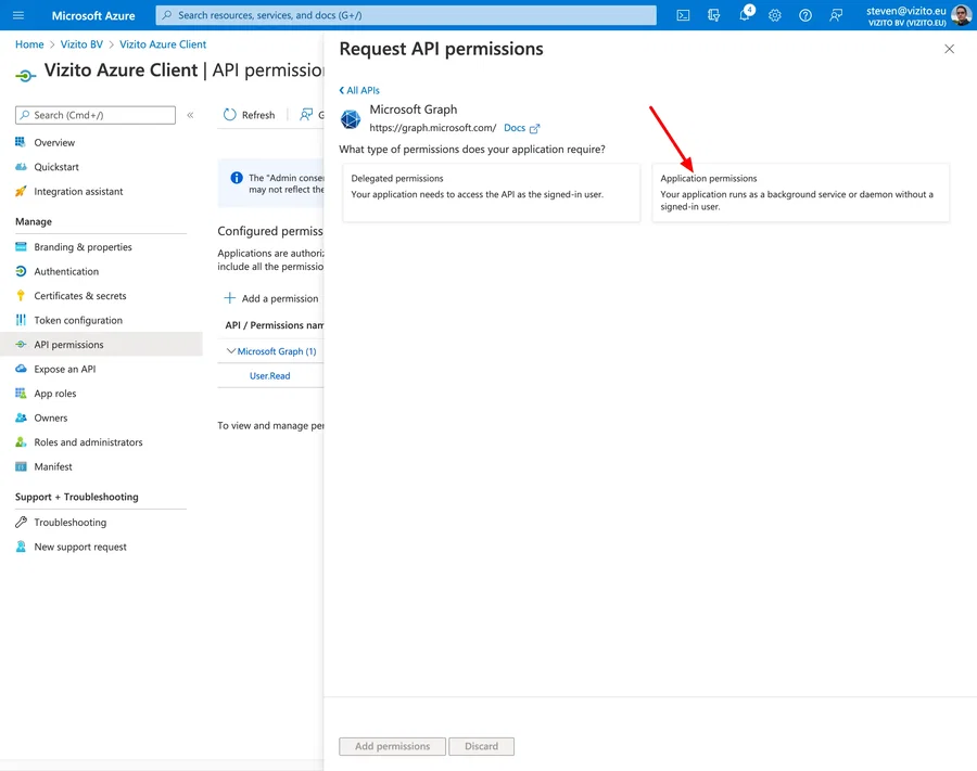 Vizito integration Azure Active Directory API permissions application