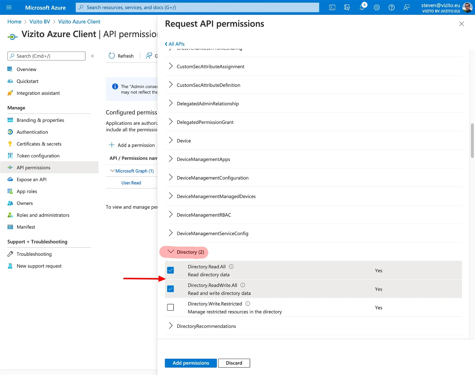 Vizito integration Azure Active Directory API permissions Directory