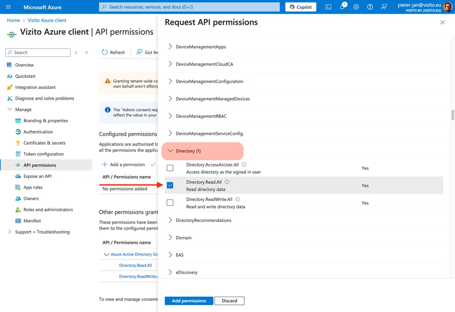 Vizito integration Azure Active Directory API permissions Directory