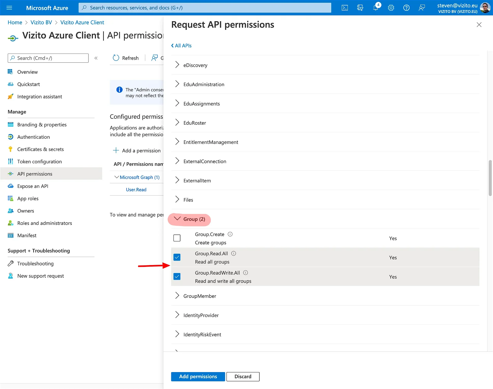 Vizito integration Azure Active Directory API permissions Group