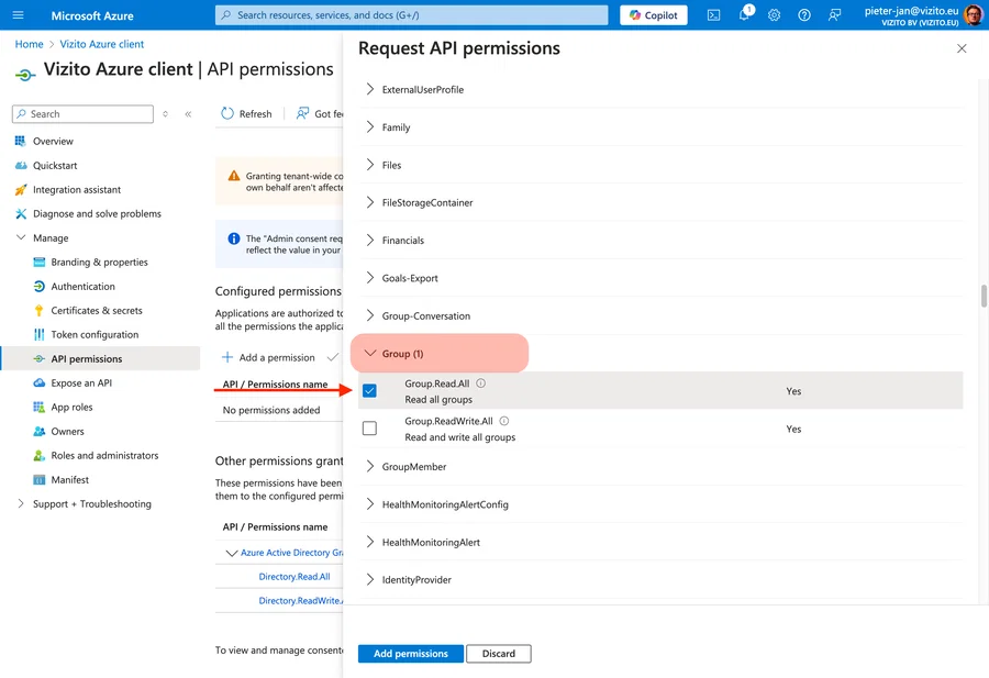 Vizito integration Azure Active Directory API permissions Group