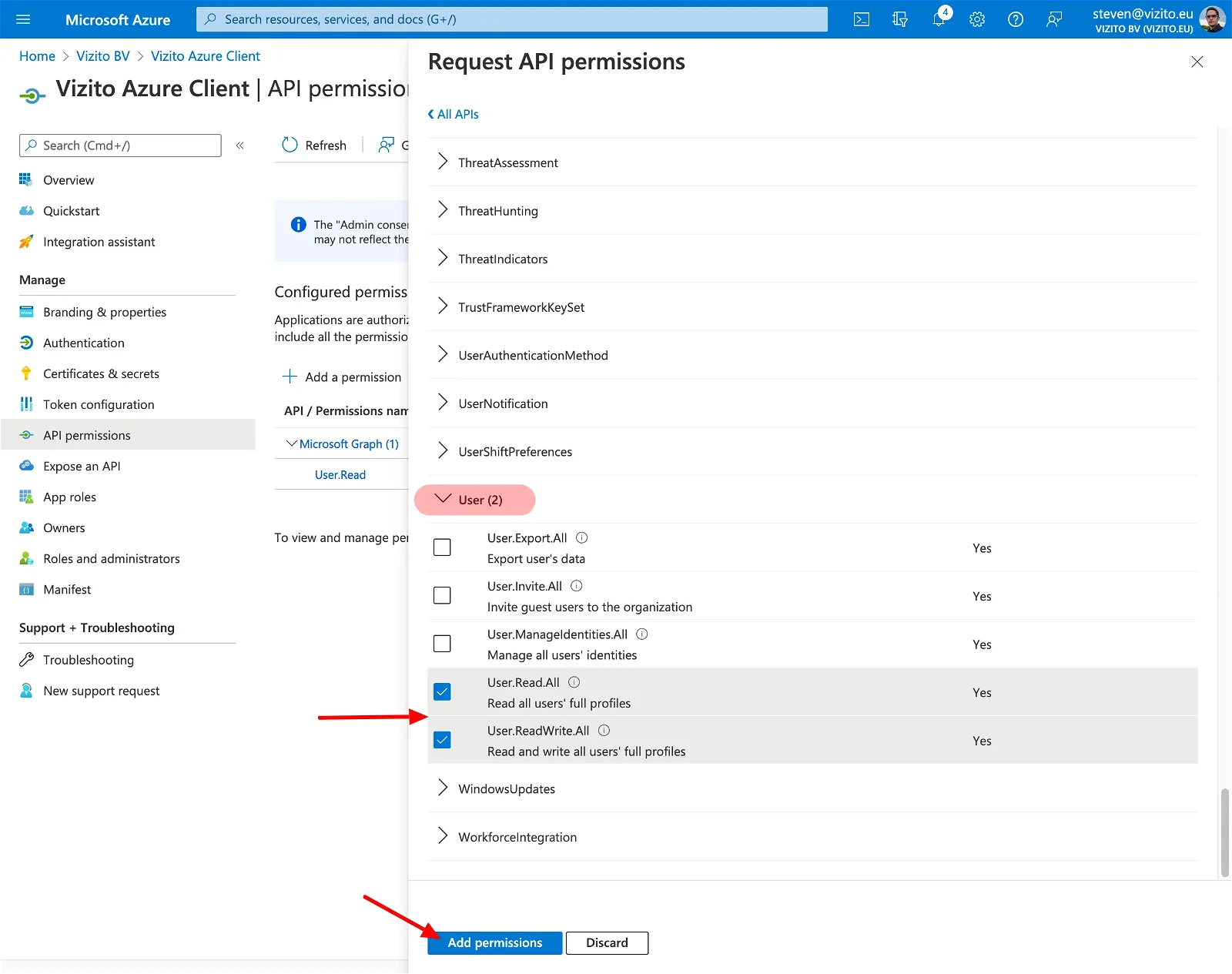 Vizito integration Azure Active Directory API permissions User