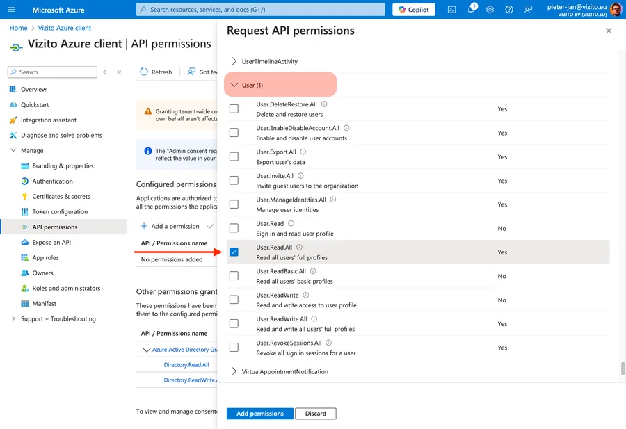 Vizito integration Azure Active Directory API permissions User