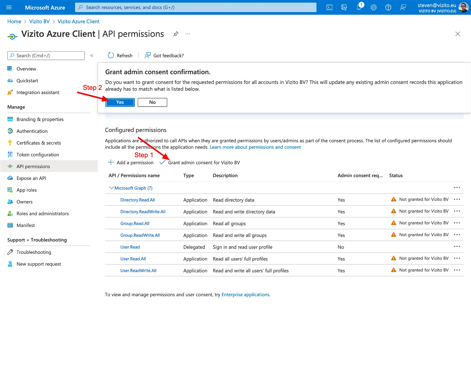 Vizito integration Azure Active Directory Grant permissions