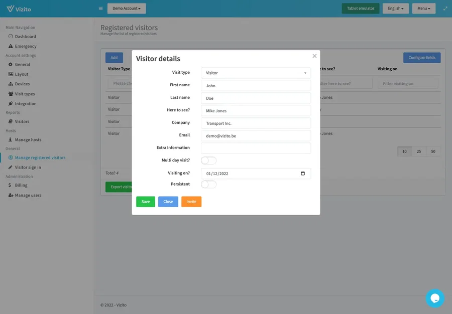 manage registered visitors