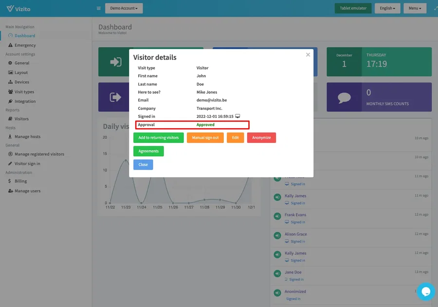 vizito visitor screening details approval