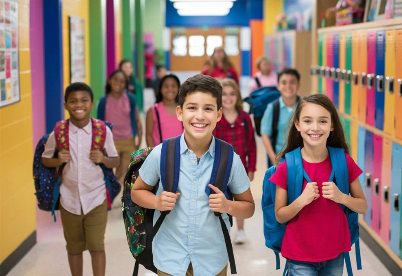 Escolares caminan con sus mochilas por un pasillo con taquillas de colores en la escuela.