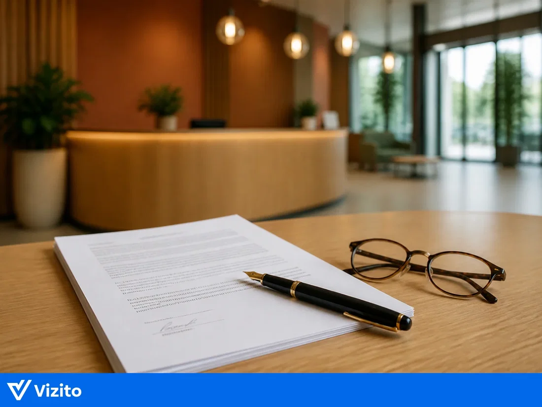 Een verwerkersovereenkomst met pen en leesbril op een bureau, met op de achtergrond een onscherpe receptie.
