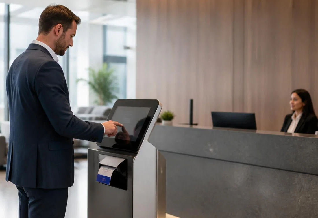 Visitante fazendo check-in digital em um quiosque que imprime automaticamente um crachá de visitante.