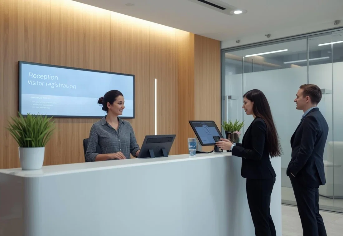 A receptionist assists visitors with digital visitor registration and check-in at the reception desk.