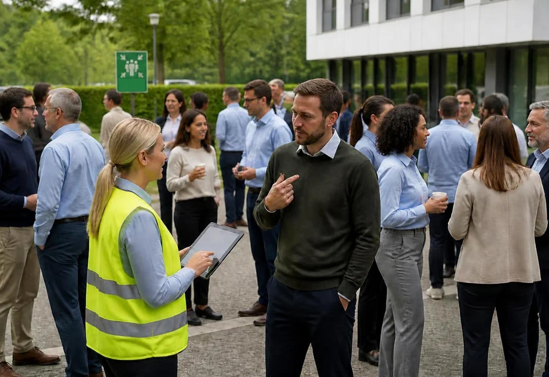 A safety officer checks the evacuation list at the assembly point.