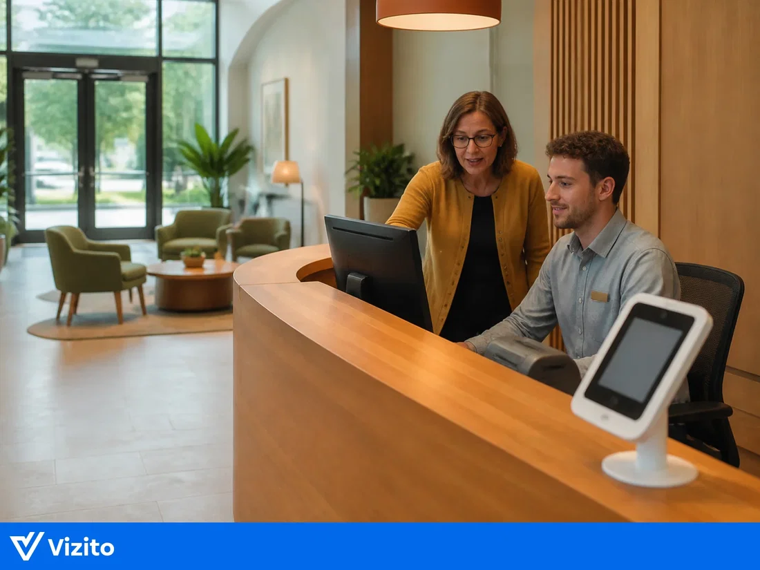 Een facility manager legt een receptionist uit hoe hij in het bezoekersregistratiesysteem de bezoekerslijst genereert.