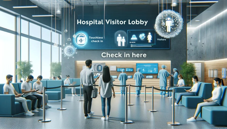 Futuristic hospital lobby visitors