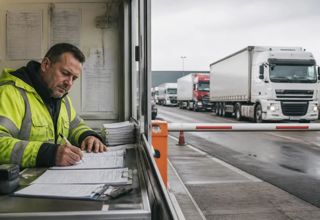 LKW-Fahrer, der an einem Schalter Papiere ausfüllt, während LKW am Logistiktor warten.