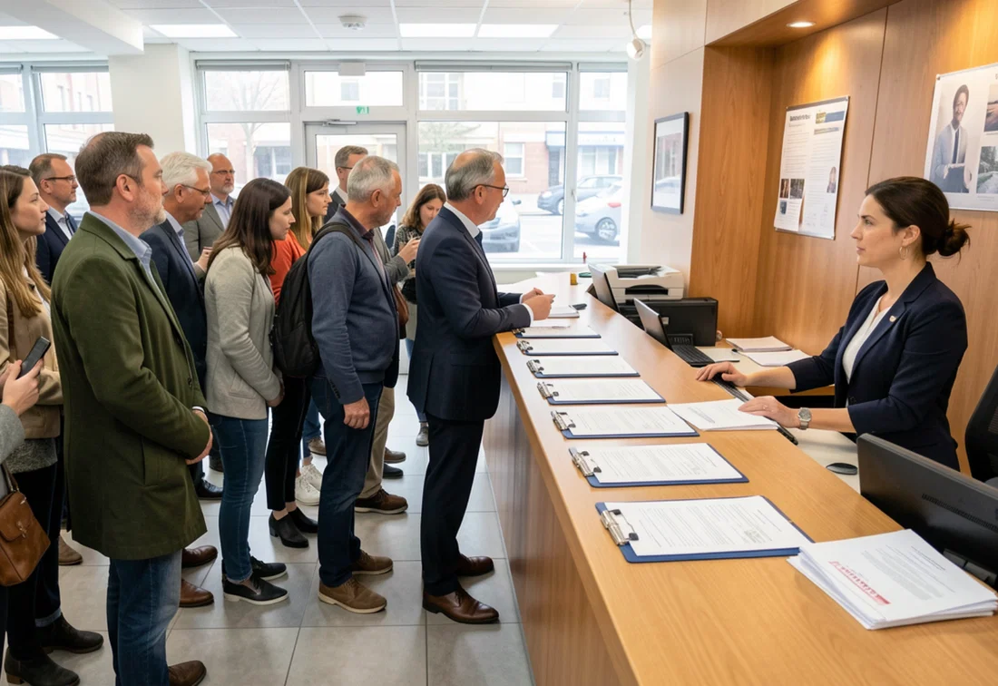 Cola en la recepción por el registro manual de visitantes con formularios en papel.