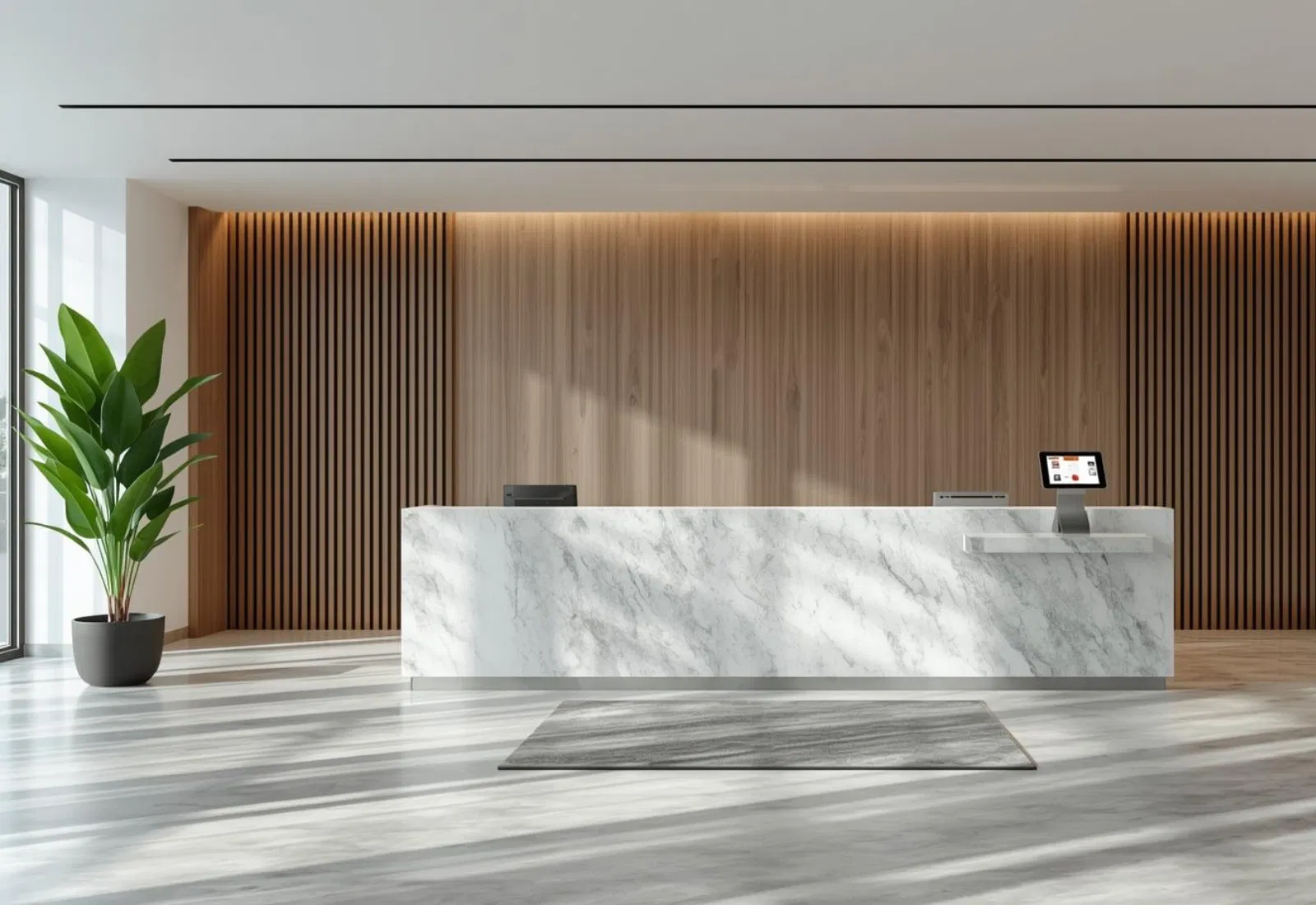 Modern reception desk with a tablet for digital visitor sign-in.