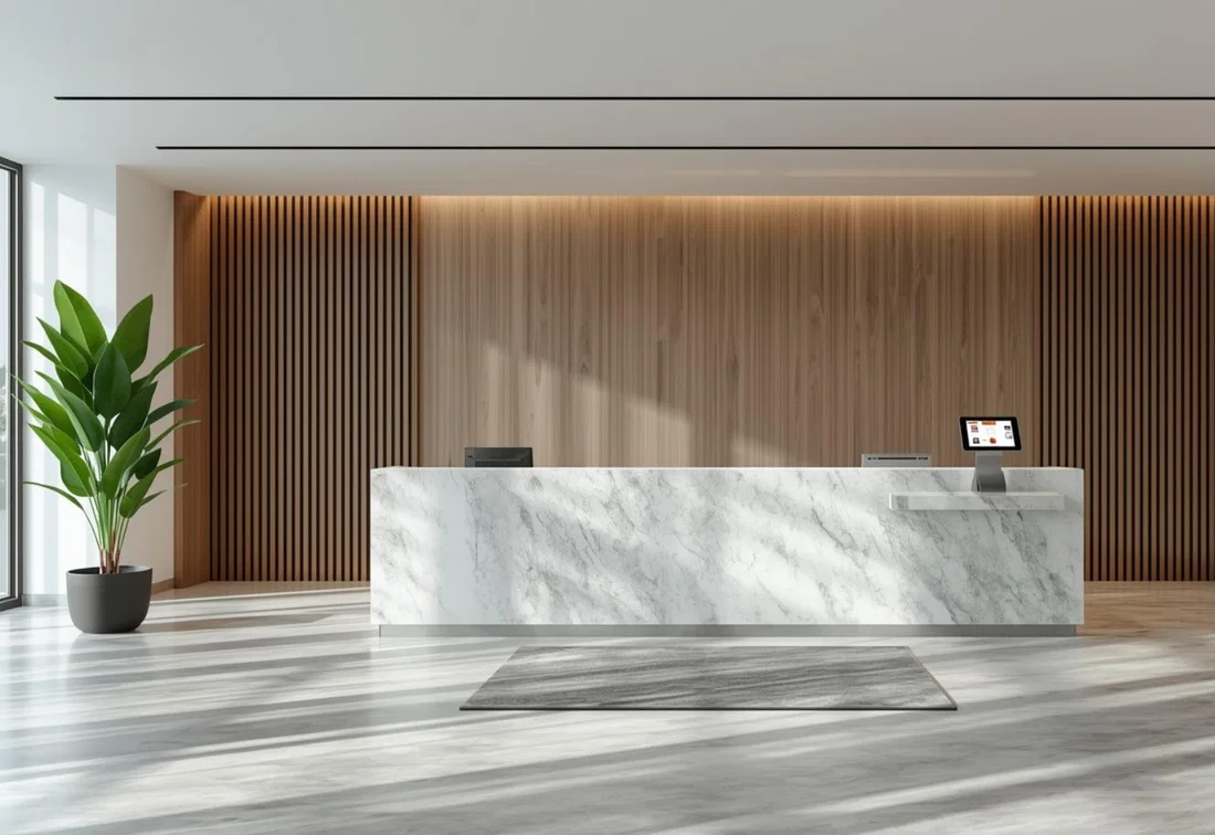 Mostrador de recepción moderno con tablet para el registro digital de visitantes.