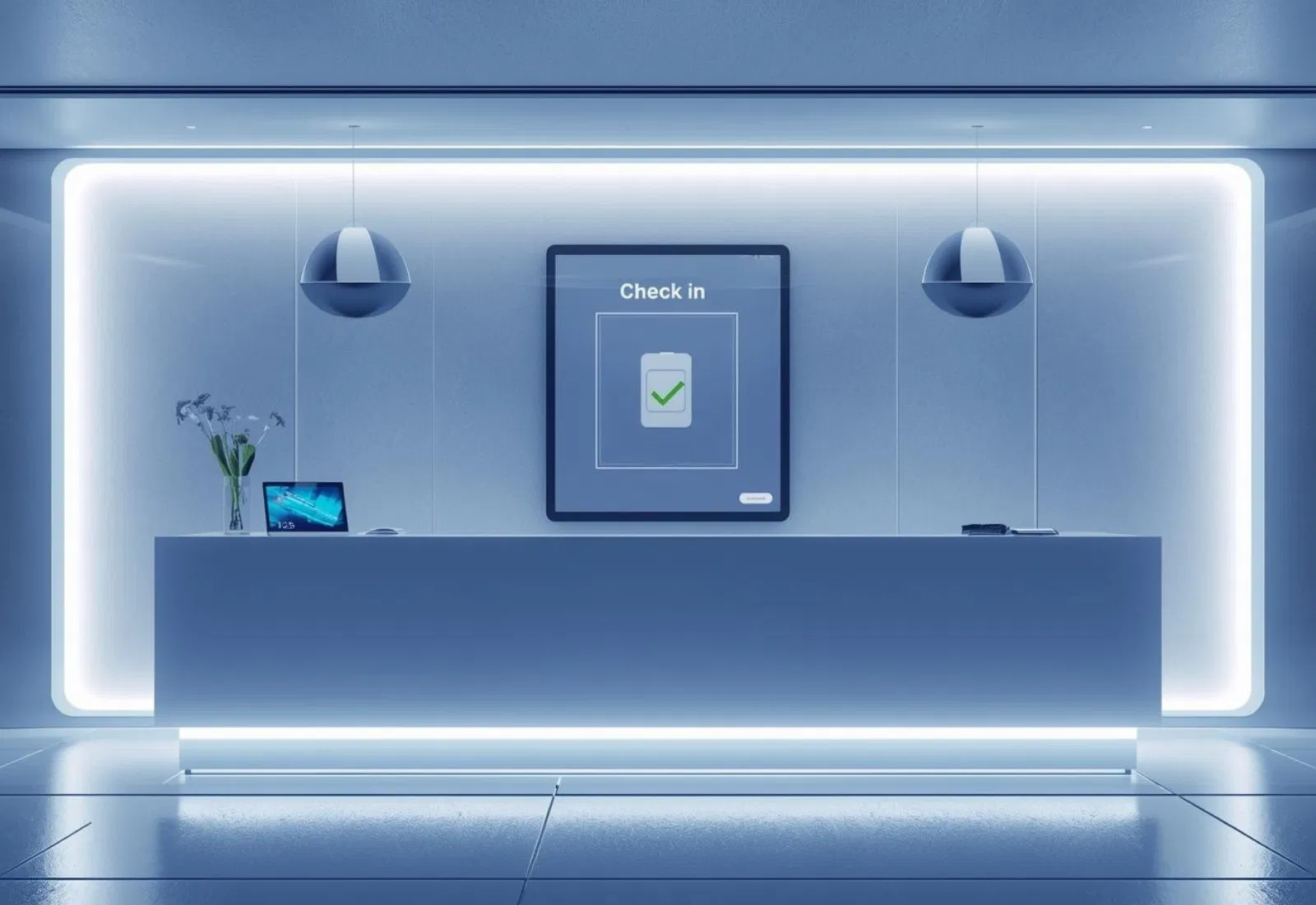 Espace d'accueil moderne avec enregistrement sans contact des visiteurs.