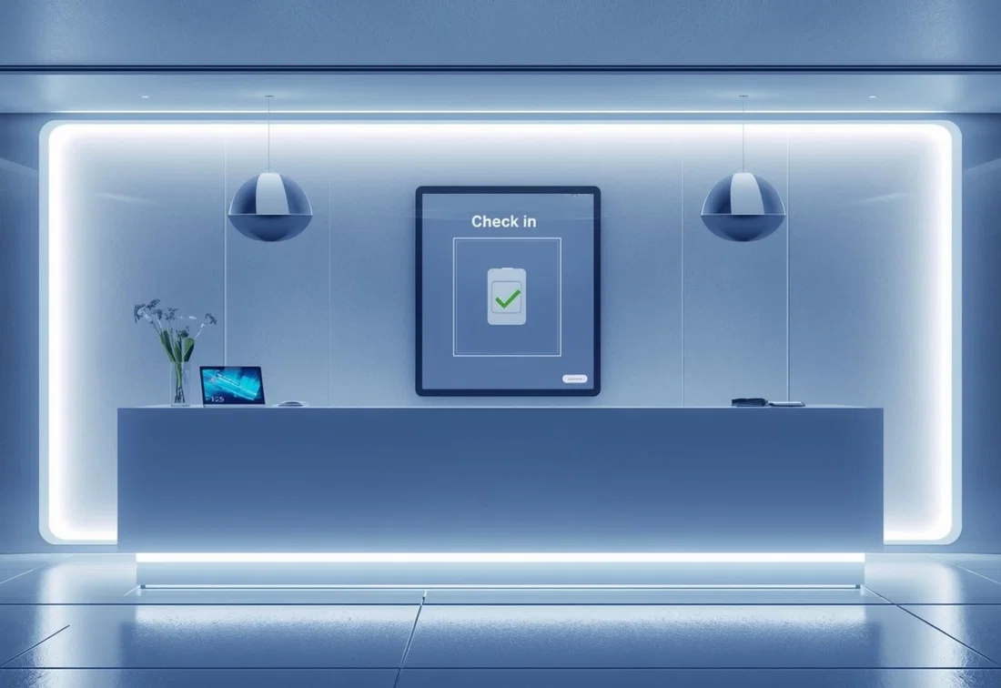 Modern reception area with contactless visitor registration.