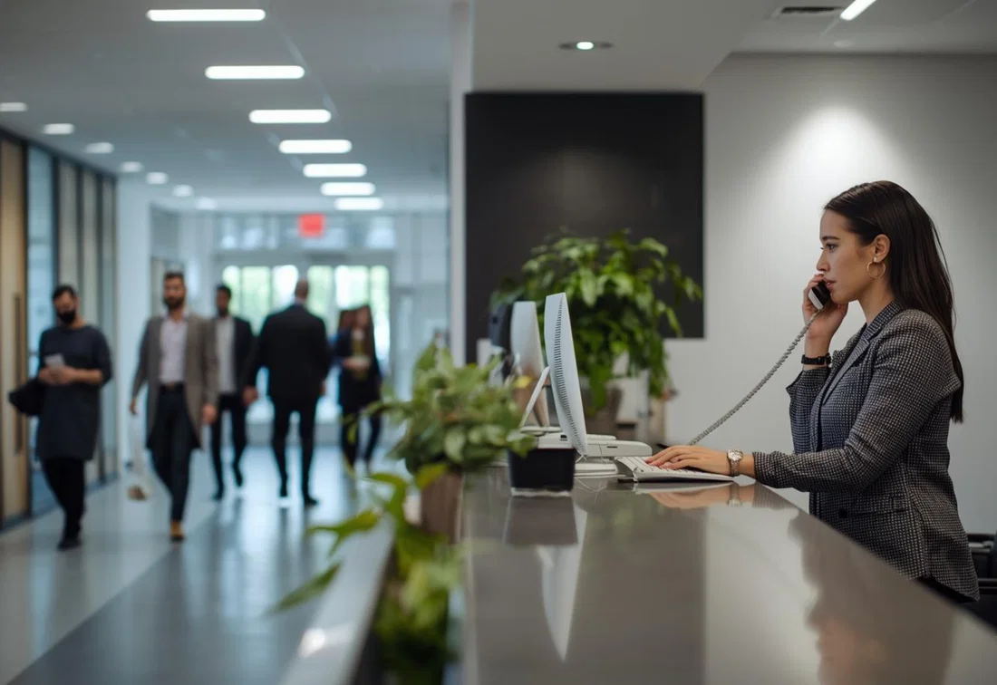 A receptionist answers the phone at the front desk in a busy office lobby with visitors passing by.